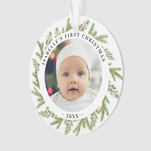 Baby's eerste Kerstmis 2 foto's Greenery Ornament (voorkant)