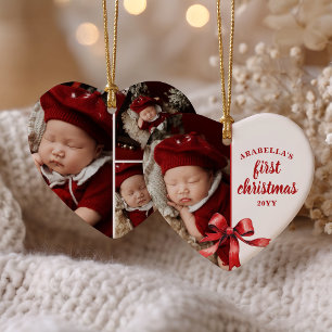 Baby's Eerste Kerstmis 4 Foto Waterverf Rode Strik Keramisch Ornament