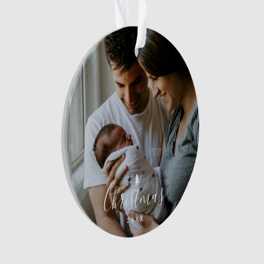 Baby's Eerste Kerstmis Aangepast 2-foto White Scri Ornament (voorkant)