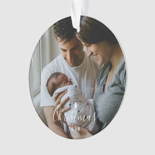 Baby's Eerste Kerstmis Aangepast 2-foto White Scri Ornament (voorkant)