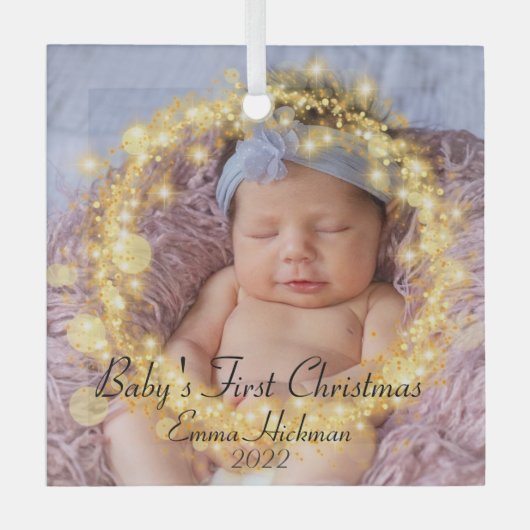 Baby's Eerste Kerstmis Aangepast Foto Gold Circle Glas Ornament (Voorkant)