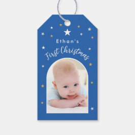 Baby's eerste kerstmis aangepaste boog foto blauw cadeaulabel