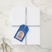 Baby's eerste kerstmis aangepaste boog foto blauw cadeaulabel (Met Touw)