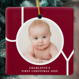 Baby's eerste kerstmis aangepaste foto bordeauxroo keramisch ornament