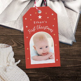 Baby's eerste kerstmis aangepaste foto feestelijke cadeaulabel