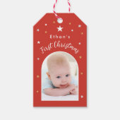 Baby's eerste kerstmis aangepaste foto feestelijke cadeaulabel (Voorkant)