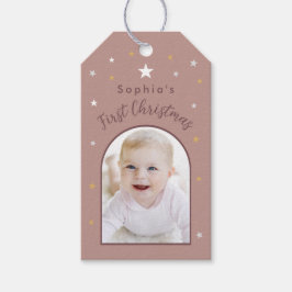 Baby's eerste kerstmis aangepaste foto oude roze b cadeaulabel