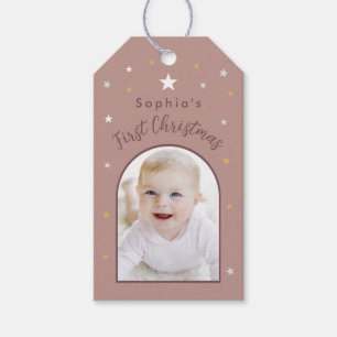 Baby's eerste kerstmis aangepaste foto oude roze b cadeaulabel