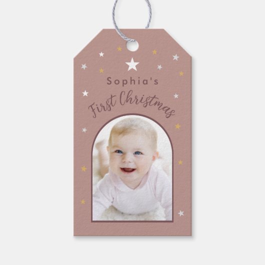 Baby's eerste kerstmis aangepaste foto oude roze b cadeaulabel (Voorkant)
