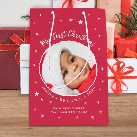 Baby's Eerste Kerstmis Aangepaste Foto Rood Medium Cadeauzakje
