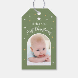 Baby's eerste kerstmis aangepaste foto salie groen cadeaulabel