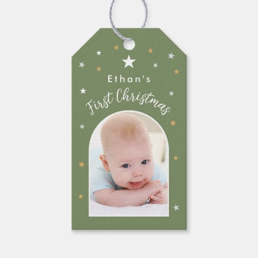 Baby's eerste kerstmis aangepaste foto salie groen cadeaulabel (Voorkant)