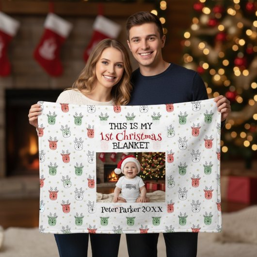 Baby's Eerste Kerstmis Aangepaste Naam Foto Rendie Fleece Deken