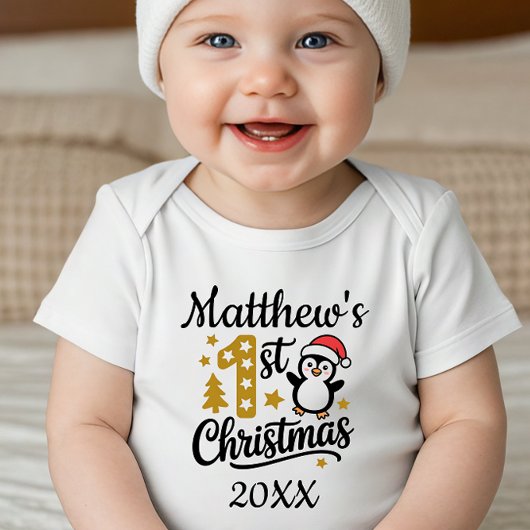 Baby's eerste kerstmis Aangepaste naam Pinguïn Romper