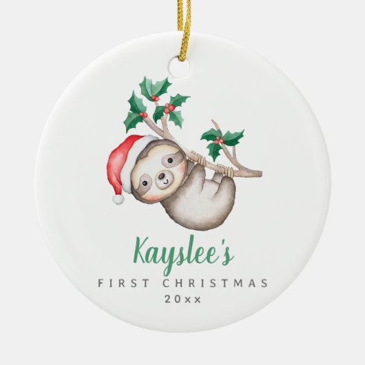 Babys Eerste Kerstmis Aangepaste Naam Sloth Orname Keramisch Ornament (Voorkant)