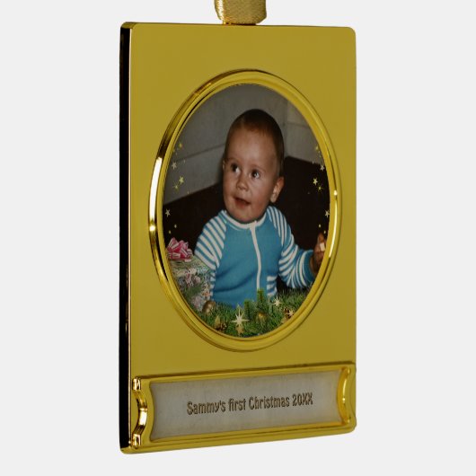 Baby's eerste Kerstmis (aanpasbaar) Metal Ornament Verguld Banner Ornament (Rechts)