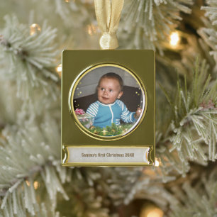Baby's eerste Kerstmis (aanpasbaar) Metal Ornament Verguld Banner Ornament