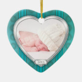 Baby's Eerste Kerstmis Aqua Zilveren Foto Xmas Keramisch Ornament (Voorkant)
