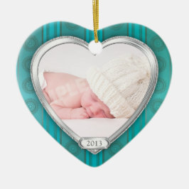 Baby's Eerste Kerstmis Aqua Zilveren Foto Xmas Keramisch Ornament