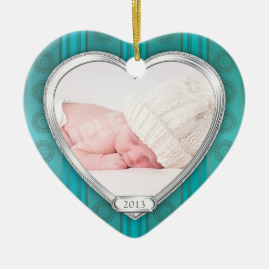 Baby's Eerste Kerstmis Aqua Zilveren Foto Xmas Keramisch Ornament (Voorkant)