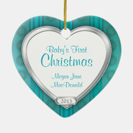 Baby's Eerste Kerstmis Aqua Zilveren Foto Xmas Keramisch Ornament (Achterkant)