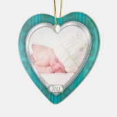Baby's Eerste Kerstmis Aqua Zilveren Foto Xmas Keramisch Ornament (Links)
