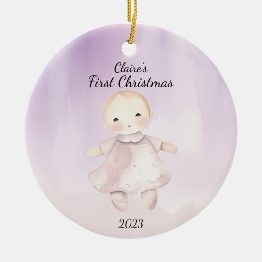 Baby's Eerste Kerstmis Baby Doll - Gepersonaliseer Keramisch Ornament (Voorkant)
