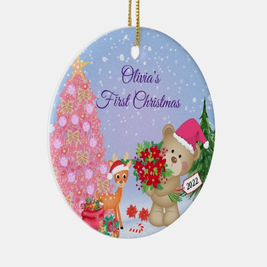 Baby's Eerste Kerstmis Beer Gepersonaliseerd Keramisch Ornament (Rechts)