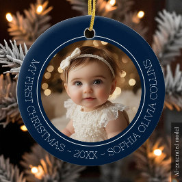 Baby's eerste kerstmis Blauw Modern 2 Foto Pasgebo Keramisch Ornament