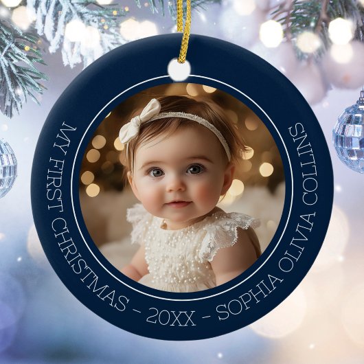 Baby's Eerste Kerstmis Blauw Modern 2 Foto Pasgebo Keramisch Ornament
