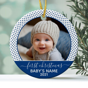 Baby's Eerste Kerstmis - Blauw Wit Stippenpatroon Keramisch Ornament