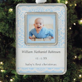 Baby's Eerste Kerstmis Blauw Witte Kanten Foto Verzilverd Omlijst Ornament