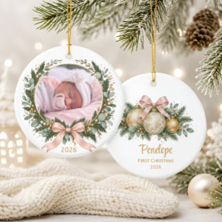 Baby's Eerste Kerstmis Blush Foto Keramisch Ornament
