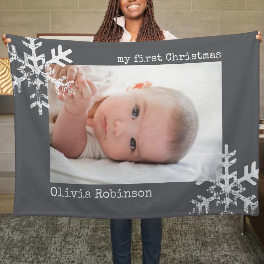 Baby's eerste kerstmis donkergrijze fotosvlokken fleece deken