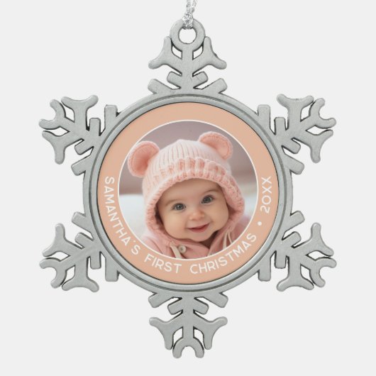 Baby's Eerste Kerstmis - Eenvoudig Koraal Meisje Tin Sneeuwvlok Ornament (Voorkant)