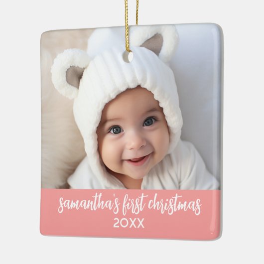 Baby's Eerste Kerstmis - Eenvoudig koraal roze mei Keramisch Ornament (Links)