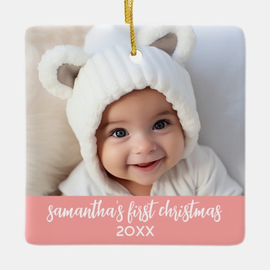 Baby's Eerste Kerstmis - Eenvoudig koraal roze mei Keramisch Ornament (Voorkant)
