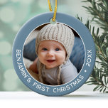 Baby's Eerste Kerstmis - Eenvoudige Denim Pastel B Keramisch Ornament<br><div class="desc">Voeg één afbeelding toe aan dit schattige vakantie ornament - ideaal voor baby meisjes. Een eenvoudige lichte denim blauwe rand maakt een onvergetelijk ornament voor uw boom. Een modern minimaal lettertype voor het jaar met een plek om 1 vierkante foto te uploaden.</div>