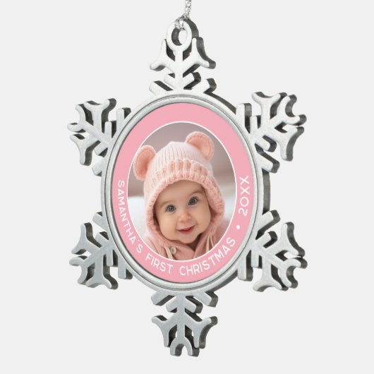Baby's Eerste Kerstmis - Eenvoudige Pastel Roze Me Tin Sneeuwvlok Ornament (Rechts)