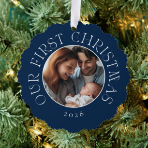 Baby's Eerste Kerstmis Feestelijke Blauwe Familie  Ornament Kaart