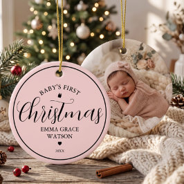 Baby's Eerste Kerstmis Foto Aandenken Roze Keramisch Ornament