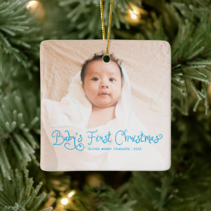 Baby's Eerste Kerstmis Foto Blauw Keramisch Ornament