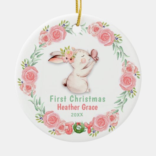 Babys Eerste Kerstmis Foto Bunny gepersonaliseerd Keramisch Ornament (Voorkant)