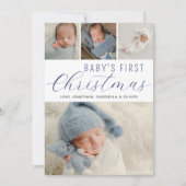Babys Eerste Kerstmis Foto Collage Blauw Feestdagenkaart (Voorkant)