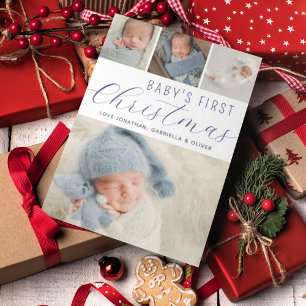 Babys Eerste Kerstmis Foto Collage Blauw Feestdagenkaart