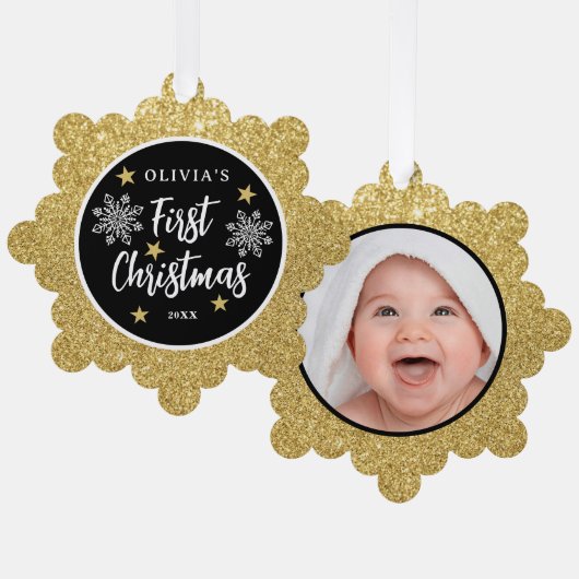 Babys Eerste Kerstmis Foto Gouden Glitter Ornament Kaart (Voorkant / Achterkant)