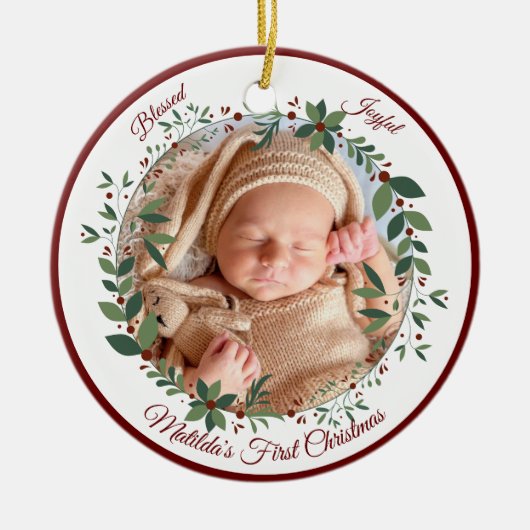 Babys Eerste Kerstmis Foto krans Kerstmis Keramisch Ornament (Voorkant)