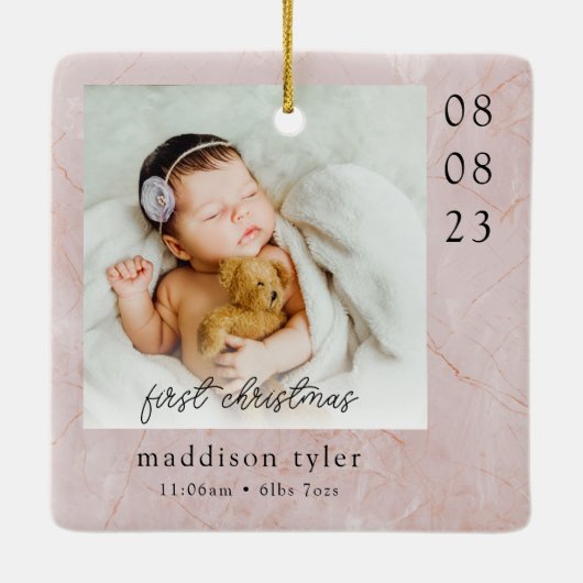 Baby's Eerste Kerstmis Foto Marmer Keramisch Ornament (Achterkant)