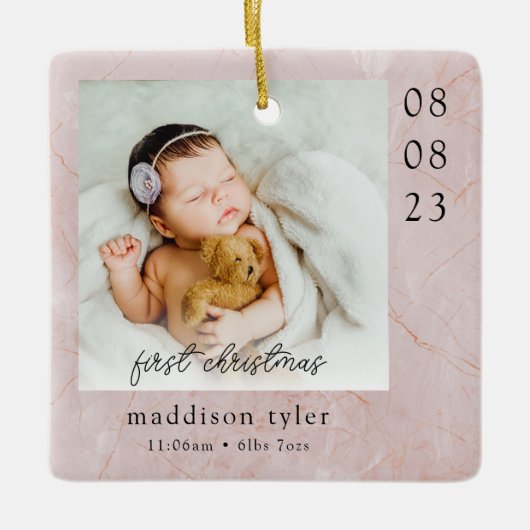 Baby's Eerste Kerstmis Foto Marmer Keramisch Ornament (Voorkant)