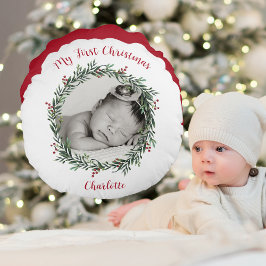 Baby's eerste Kerstmis, foto met naam Rond Kussen